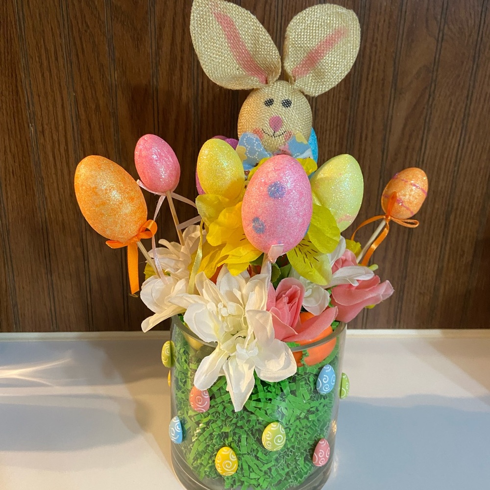 Easter Bunny Floral Arrangement with Colorful Eggs